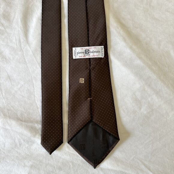Pierre Balmain Paris Tie Embroidered Logo Micro Polka Dot Handmade Italy Brown - Picture 5 of 9